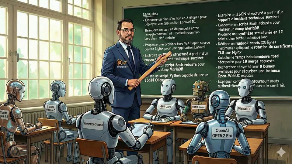 Philippe, en enseignant devant un tableau noir couvert des prompts du benchmark, fait la classe à des robots étiquetés Claude Opus 4.5, Nemotron-3-nano, OpenAI GPT5.2 Pro et Mistral