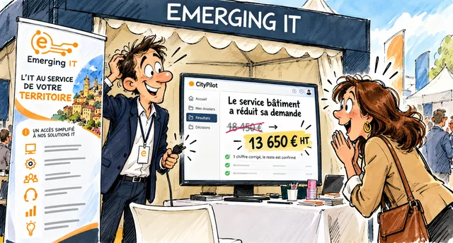 Illustration générée avec ChatGPT : Philippe, câble d’alimentation à la main sur le stand EMERGING IT, montre CityPilot à une visiteuse ravie ; l’écran affiche un montant corrigé à 13 650 € HT