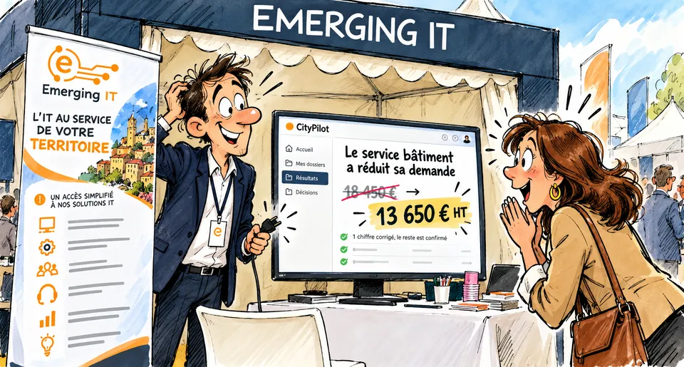 Illustration générée avec ChatGPT : Philippe, câble d’alimentation à la main sur le stand EMERGING IT, montre CityPilot à une visiteuse ravie ; l’écran affiche un montant corrigé à 13 650 € HT