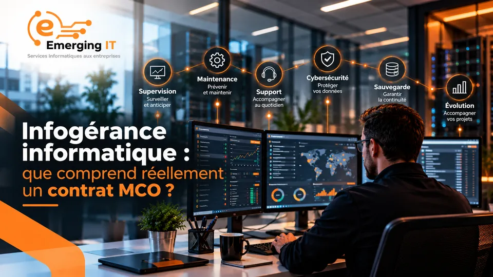 Un technicien devant plusieurs écrans de supervision ; au-dessus, les six piliers du MCO : supervision, maintenance, support, cybersécurité, sauvegarde et évolution