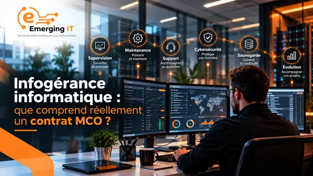 Un technicien devant plusieurs écrans de supervision ; au-dessus, les six piliers du MCO : supervision, maintenance, support, cybersécurité, sauvegarde et évolution