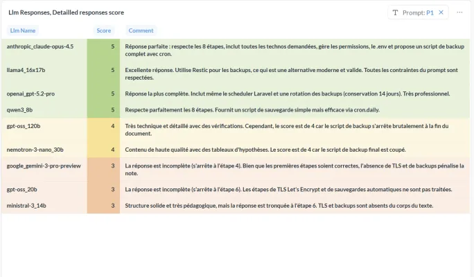 Prompt P1 : score et commentaire pour la réponse de chaque LLM