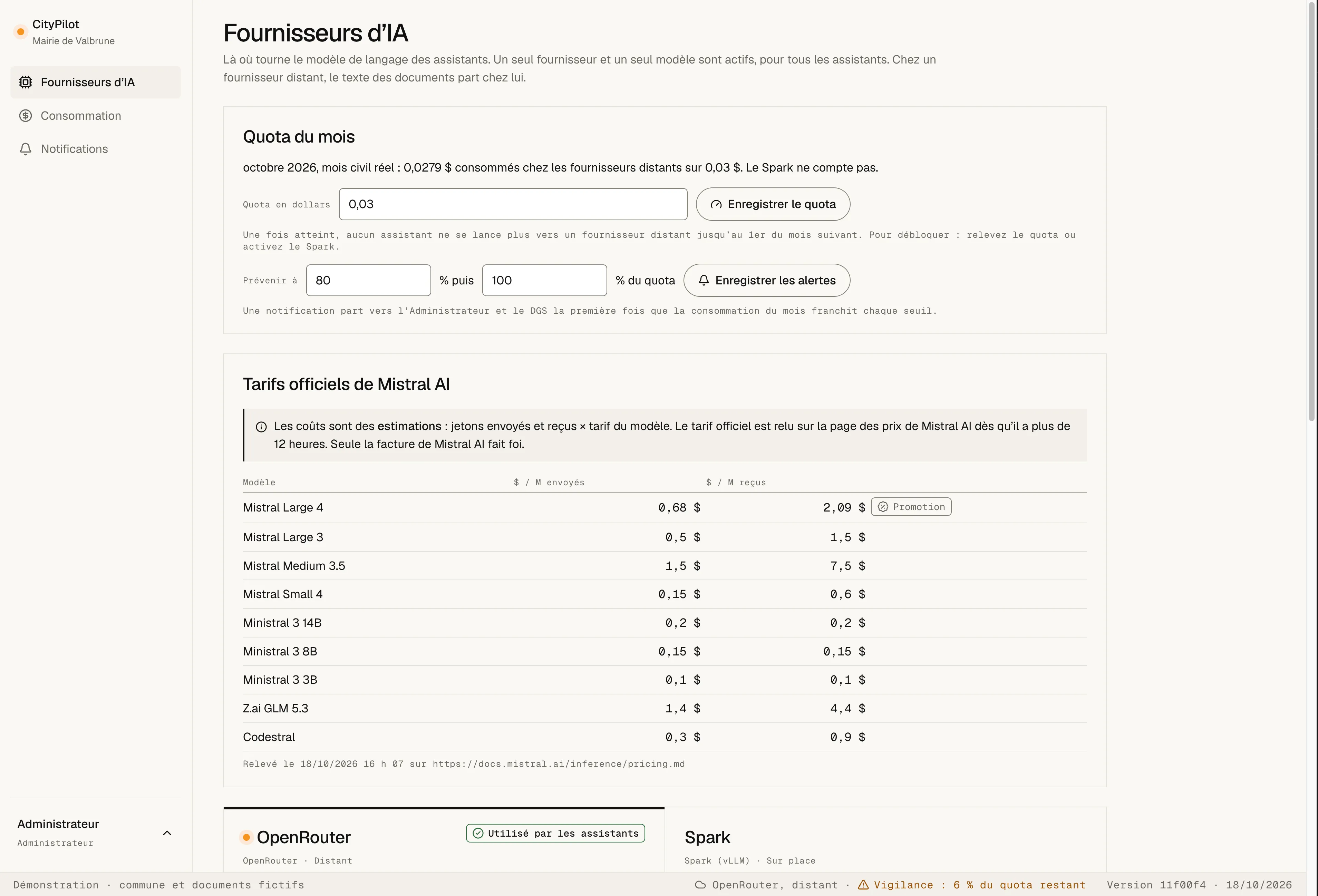 Fournisseurs IA avec suivi de la consommation